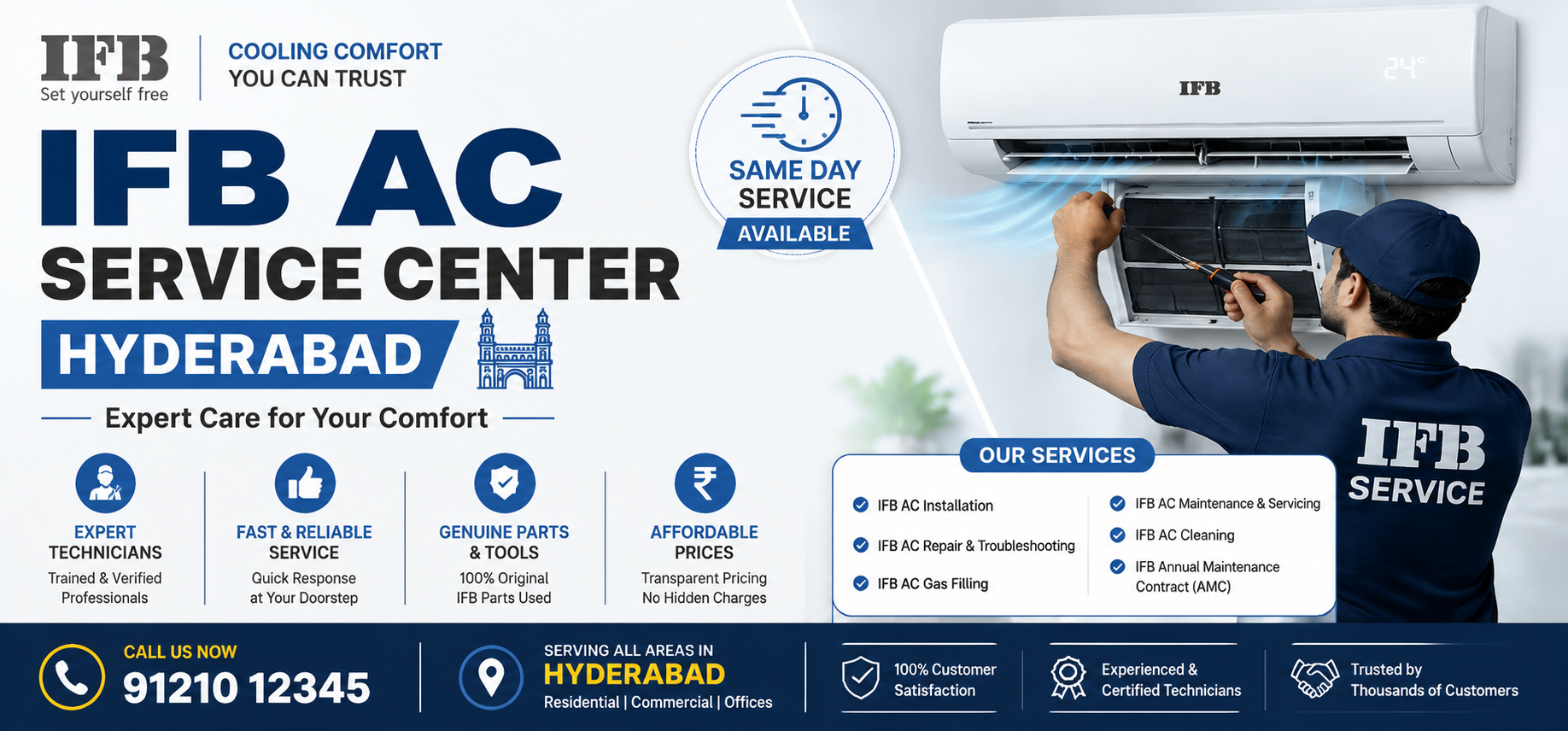 IFB AC Service Center Hyderabad banner featuring professional AC repair technician