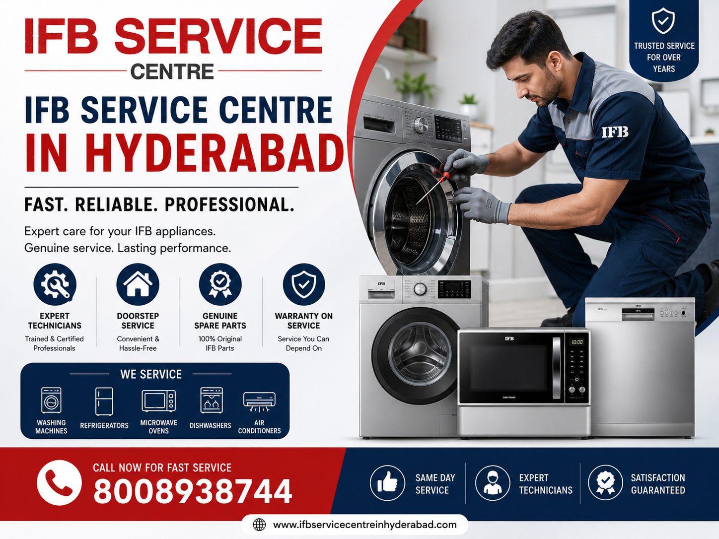 IFB Service Center in Hyderabad banner featuring expert technicians providing doorstep repair services for IFB washing machines, refrigerators, microwaves, dishwashers, and air conditioners.